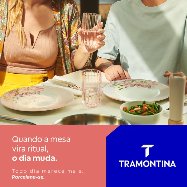This ad showcases a Tramontina porcelain dining set in a bright, inviting setting, suggesting that their tableware can t