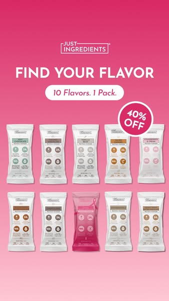 This image ad for Just Ingredients promotes their protein powder and highlights the variety of flavors available. The ad