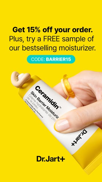 This Dr.Jart+ ad promotes the Ceramidin Skin Barrier Moisturizer, offering 15% off the order and a free sample of the mo