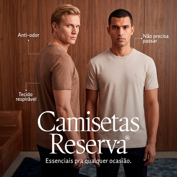 The image promotes Reserva t-shirts by highlighting their anti-odor and breathable fabric features in Portuguese. The ad