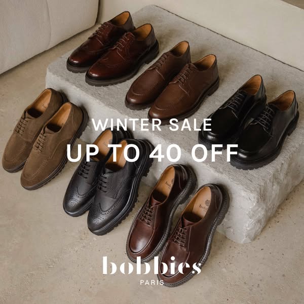 This ad showcases a variety of Bobbies Paris dress shoes in different styles and colors, highlighting a winter sale with