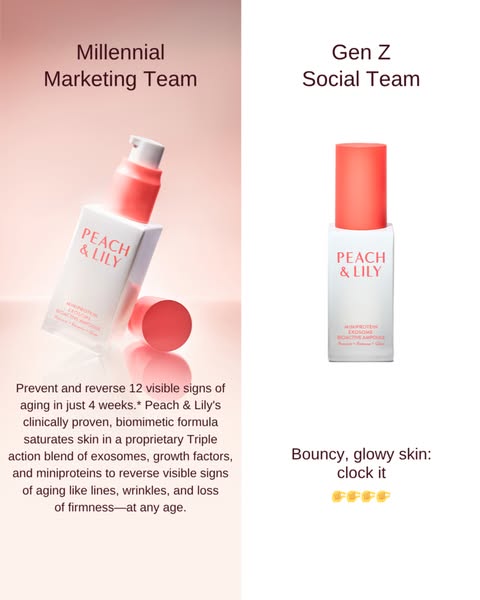 This ad compares and contrasts the approach of two different generations to the same product.