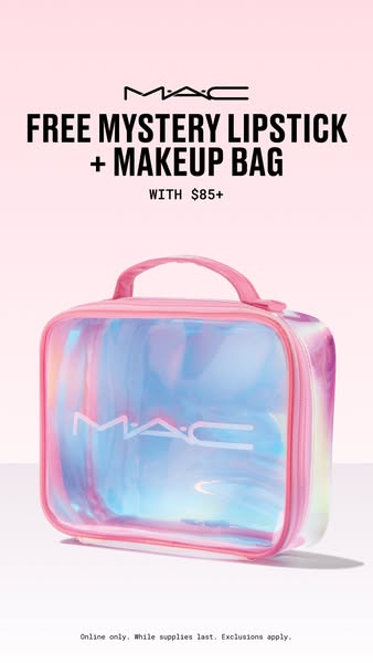 This MAC ad promotes a free mystery lipstick and makeup bag with purchases of $85 or more. It aims to incentivize immedi