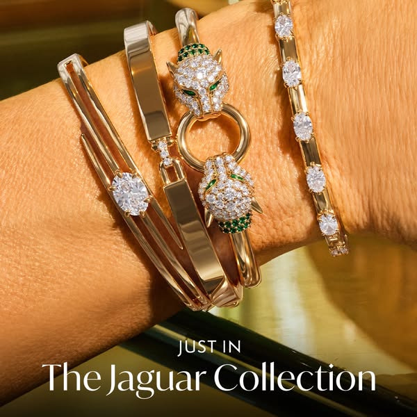 This ad showcases a collection of gold and diamond bracelets featuring a jaguar design, targeting an audience interested