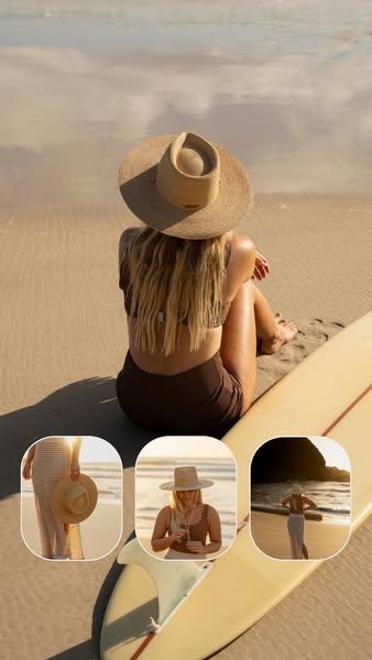 This ad features an image of a woman sitting on a sandy beach next to a surfboard. She is wearing a straw hat. The ad fe