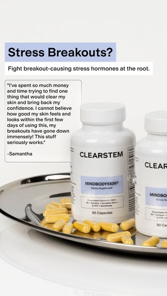 This image ad highlights CLEARSTEM skincare products, focusing on their ability to combat stress-induced breakouts. It f