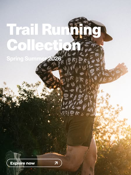This ad showcases the Trail Running Collection for Spring Summer 2026 with a person running on a trail.