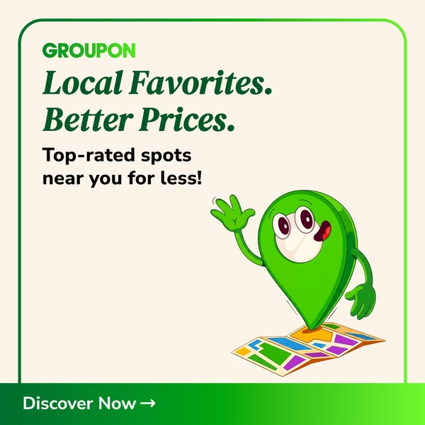 This Groupon ad features a green map pointer cartoon character advertising local favorites at better prices.