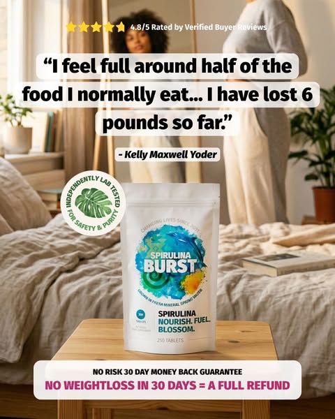 Image ad for Spirulina Burst tablets featuring a customer testimonial about weight loss. Includes a money-back guarantee