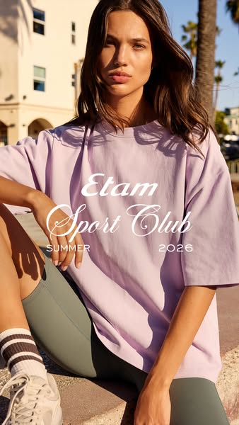 The ad features a woman in athletic apparel, promoting Etam's Sport Club collection. The ad is designed to evoke a s