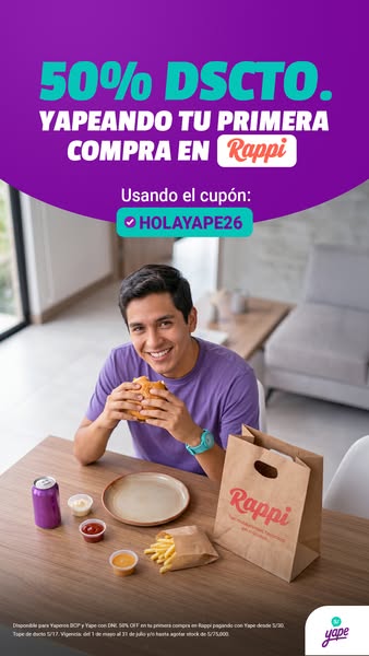 This ad promotes Rappi and Yape, advertising a 50% discount for first-time purchases made using the Yape payment method 