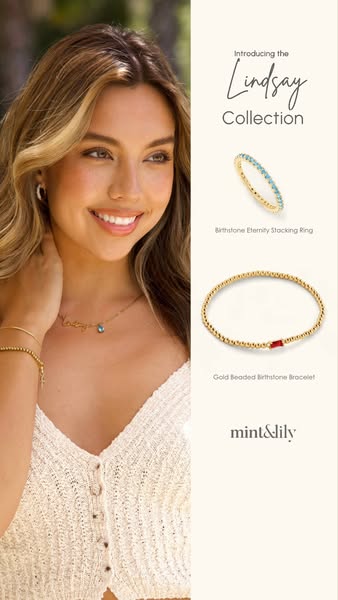 This image ad showcases the 'Lindsay Collection' of jewelry from Mint & Lily, featuring a birthstone eternit