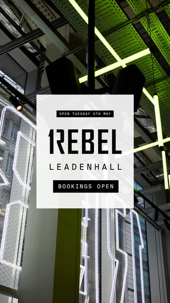 This ad is for the opening of a Rebel fitness location on Tuesday, May 5th in Leadenhall. It uses a combination of text 