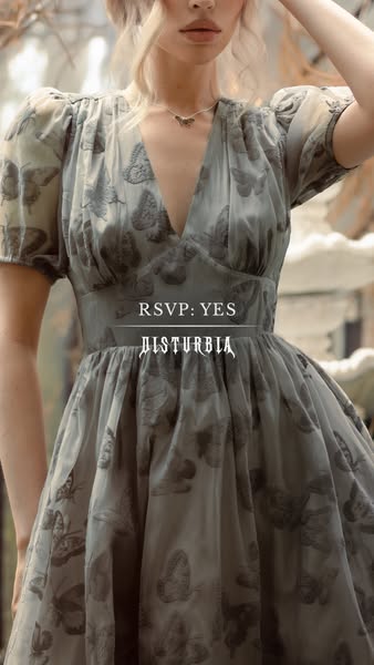 This image ad promotes a butterfly-printed dress from Disturbia.