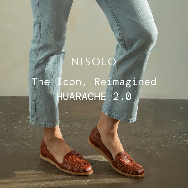 This image ad features the Nisolo Huarache 2.0 shoe. The ad showcases a neutral color palette and focuses on the shoe