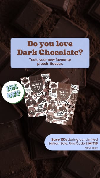 This image ad for Happy Way protein powder features their limited edition dark chocolate flavor. The ad prompts dark cho