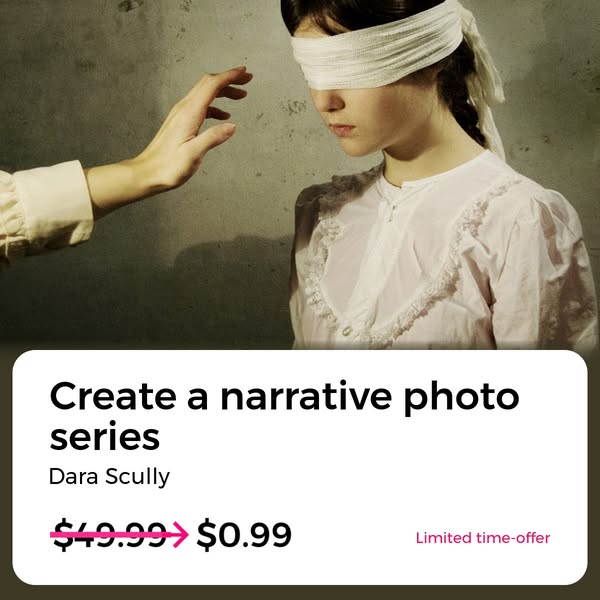 This image ad promotes a narrative photo series by Dara Scully, offered at a discounted price for a limited time.