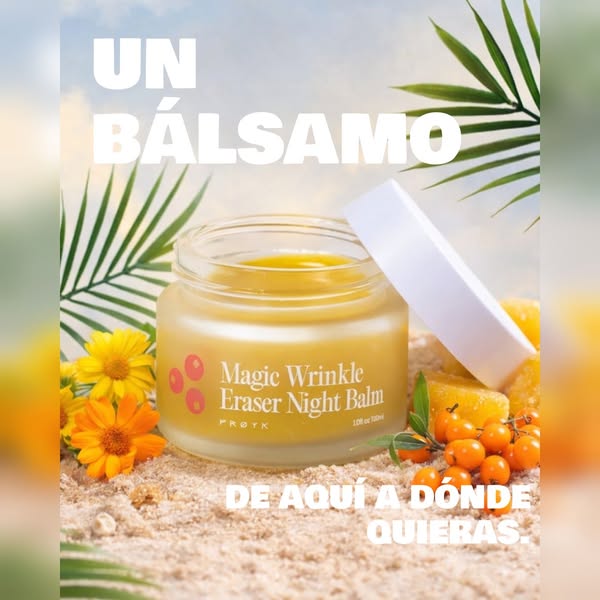 This ad promotes Prøyk's Magic Wrinkle Eraser Night Balm. The ad features the product prominently amidst flowers and