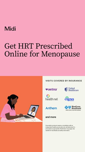 The image ad is for Midi, a brand that provides HRT prescriptions online for menopause. The ad shows a woman on a video 