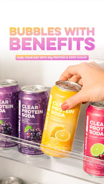 This image ad showcases four cans of protein soda in different flavors. The tagline emphasizes bubbles with benefits and
