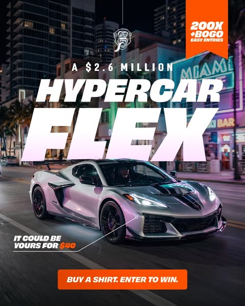 This ad promotes a sweepstakes or giveaway, encouraging users to buy a shirt for a chance to win a $2.6 million hypercar