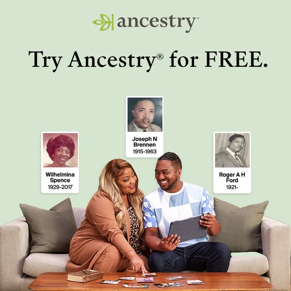 An image ad for Ancestry.com features a couple looking at photos together and using a tablet to explore their family his