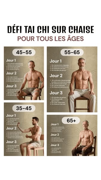 The ad is designed as an instructional guide to performing tai chi in a chair. It shows four different age groups doing 