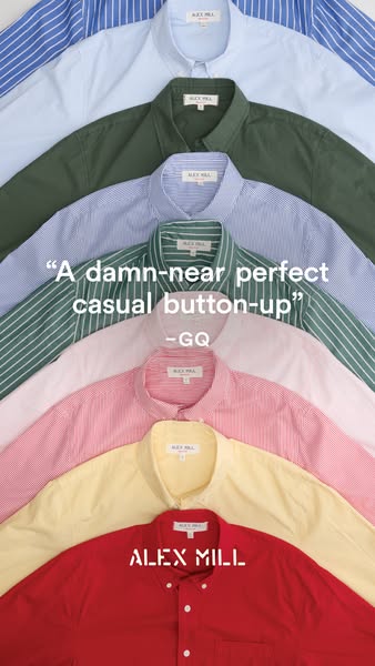 This image ad uses a product testimonial to promote Alex Mill's casual button-up shirts. The image shows a stack of 
