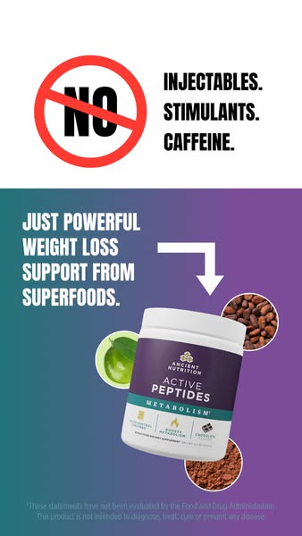 This image ad promotes Ancient Nutrition's Active Peptides Metabolism supplement, emphasizing that it provides power