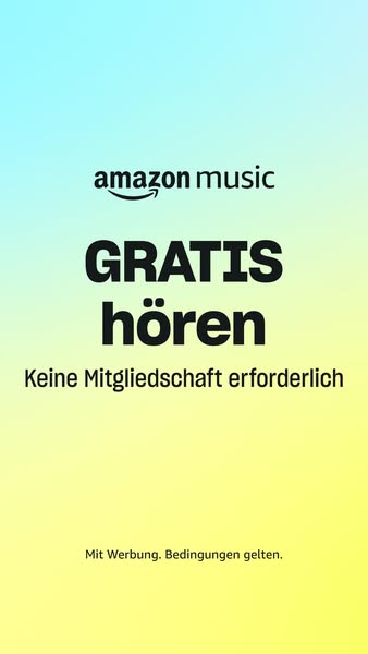 The ad promotes Amazon Music, emphasizing the ability to listen for free without a membership. The ad has a gradient bac