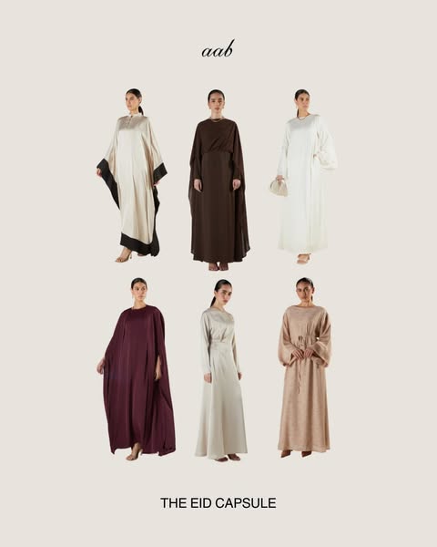 This ad showcases a collection of elegant dresses designed for Eid, featuring a variety of neutral and muted colors. The