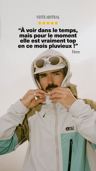 This ad features a male model wearing a jacket. Text overlaid on the image shows a quote from "Pierre" giving 