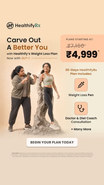 Ad for HealthifyRx weight loss plan. The ad shows a woman sculpting away at a stone, revealing a fitter version of herse
