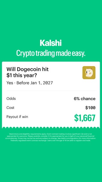 Ad for Kalshi that asks the question "Will Dogecoin hit $1 this year?", and includes data points related to th