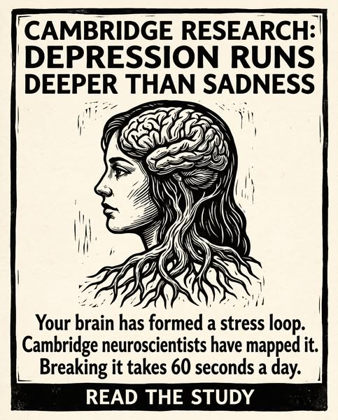 This ad uses woodcut-style imagery to promote Cambridge Research on depression. It communicates that depression is more