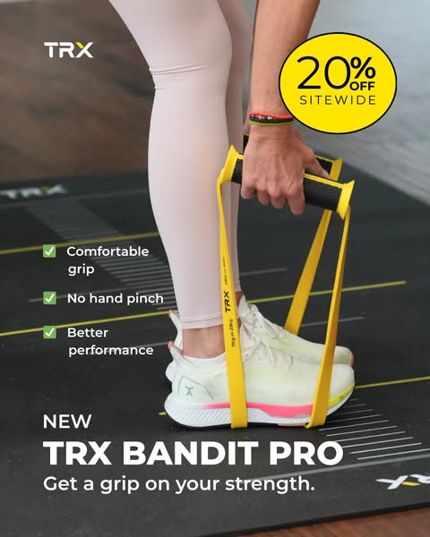 An image ad for TRX Bandit Pro resistance bands. The ad calls out multiple product features and includes an offer for 20