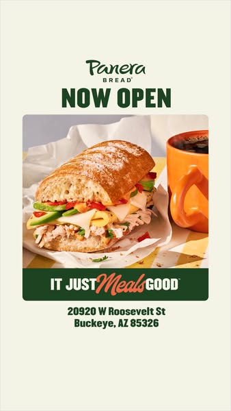 This Panera Bread ad is announcing that they are now open at their new location.