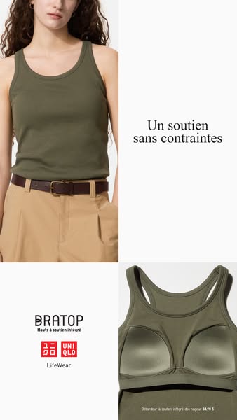 This ad showcases the brand and the Uniqlo BRATOP, emphasizing the garment's comfortable and unrestrictive support.