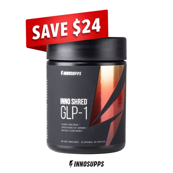 This image ad promotes Inno Shred GLP-1, a dietary supplement by Inno Supps, highlighting its fat-burning and energy-boo