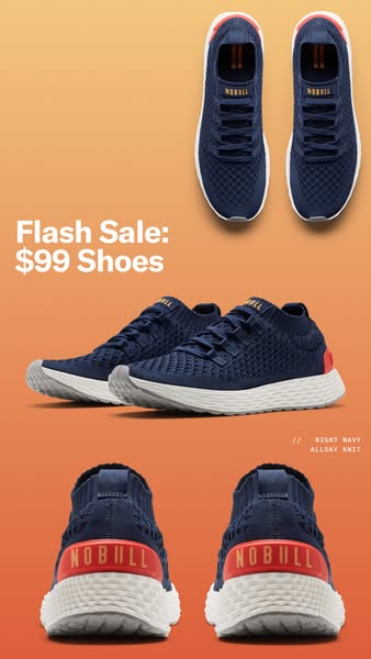 The ad features the NOBULL brand shoes, specifically the Allday Knit style in night navy. The ad highlights a flash sale