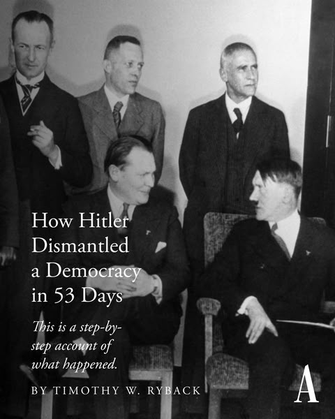 Image ad promoting the book "How Hitler Dismantled a Democracy in 53 Days" by Timothy W. Ryback.