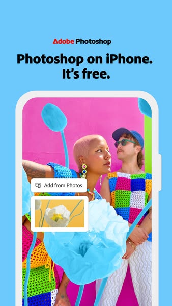An ad for Adobe Photoshop on iPhone highlights its use on a phone and that it is free.