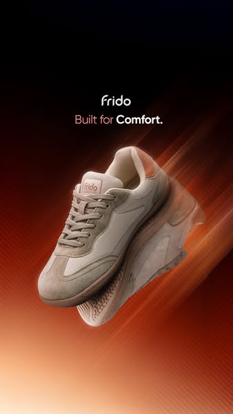 This image ad showcases a Frido brand sneaker and its comfort.