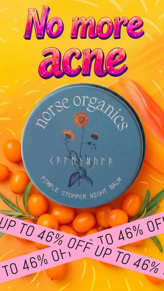 An ad for Norse Organics Pimple Stopper Night Balm featuring the product jar, sea buckthorn berries, and a claim of '