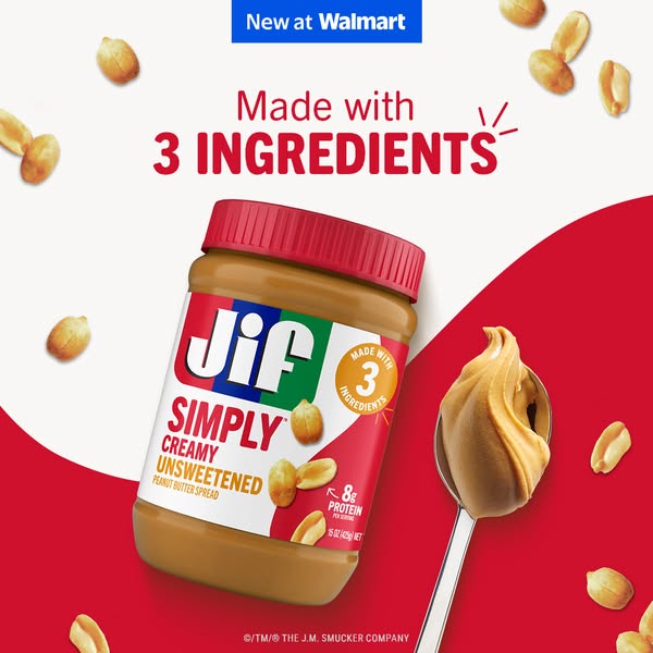 A product-focused image ad that promotes Jif Simply Creamy Unsweetened Peanut Butter Spread, highlighting its unique sel
