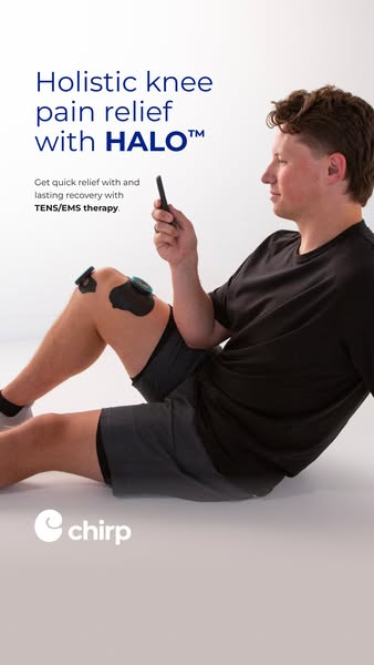 This image ad from Chirp promotes its HALO device for holistic knee pain relief that uses TENS/EMS therapy. The ad featu