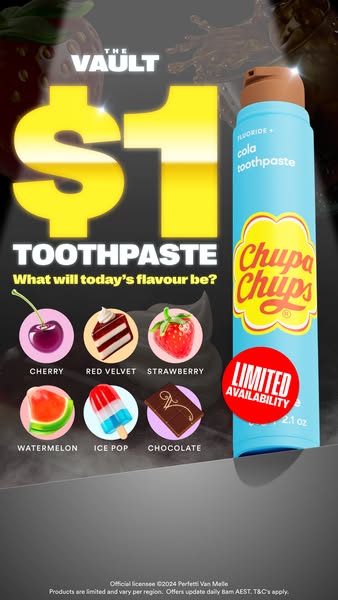 This ad features Chupa Chups brand cola flavored toothpaste for $1. It shows a variety of other flavors that may be avai