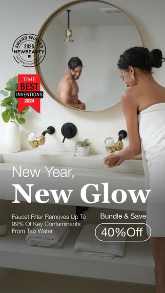 This image ad promotes a faucet filter that removes up to 99% of key contaminants from tap water. The ad features a woma