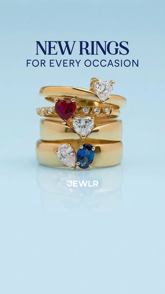 This ad for the jewelry brand, JEWLR, showcases a selection of rings. The rings are stacked on top of one another. A hea