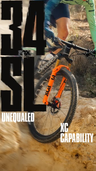 This ad showcases the FOX 34 SL suspension fork on a mountain bike, highlighting its 'unequaled XC capability'. 
